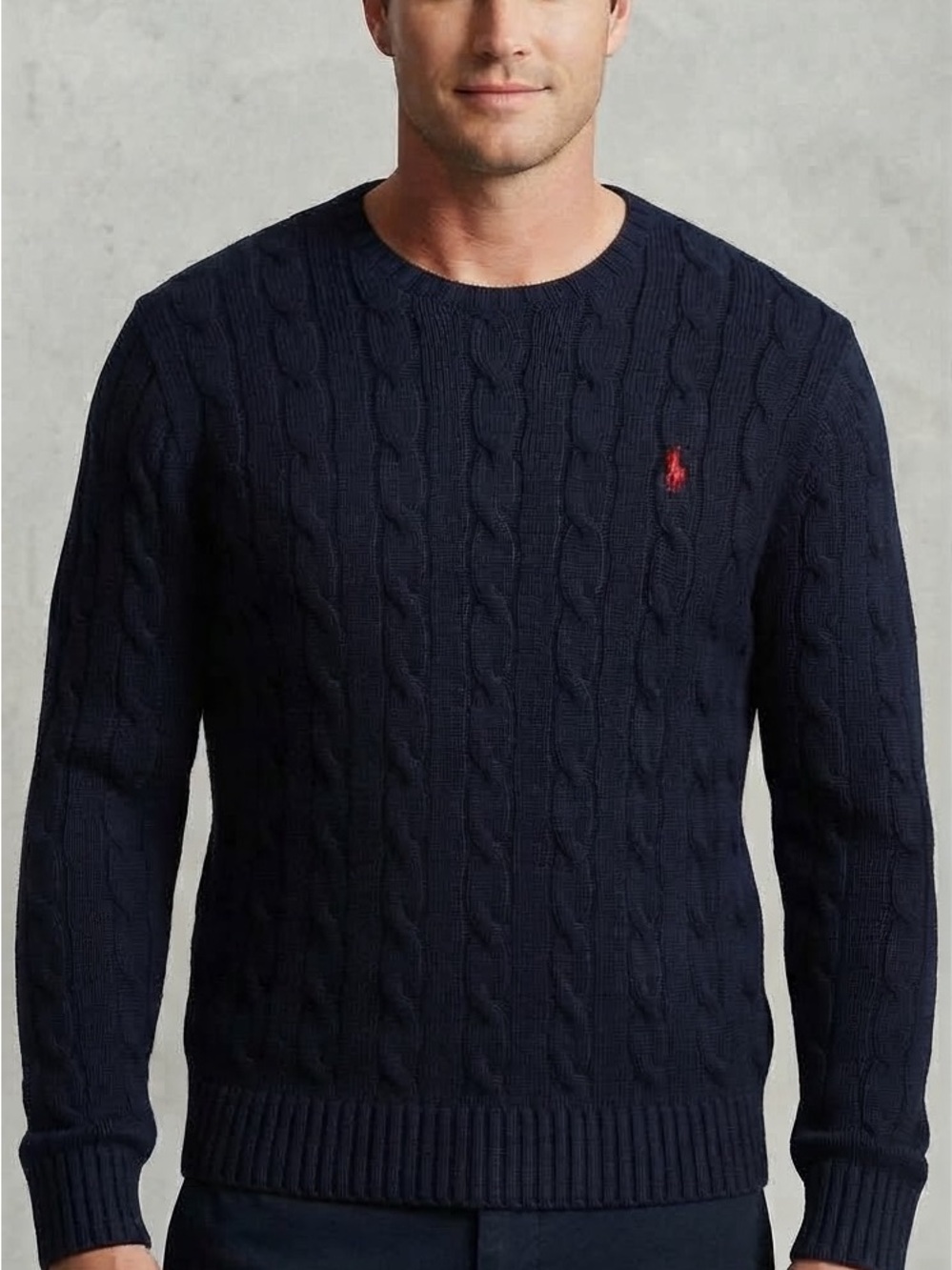 Ralph Lauren Navy Cable Crewneck Sweater with Red Pony